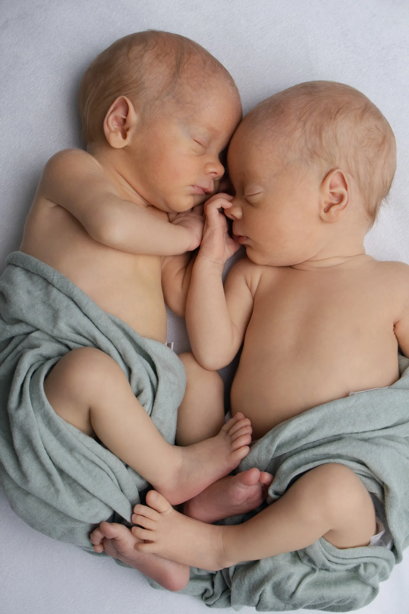 Jumeaux nouveau-nés enlacés dans leur sommeil, jambes entremêlées sur fond blanc, portrait naissance - Cindy Poulet photographe